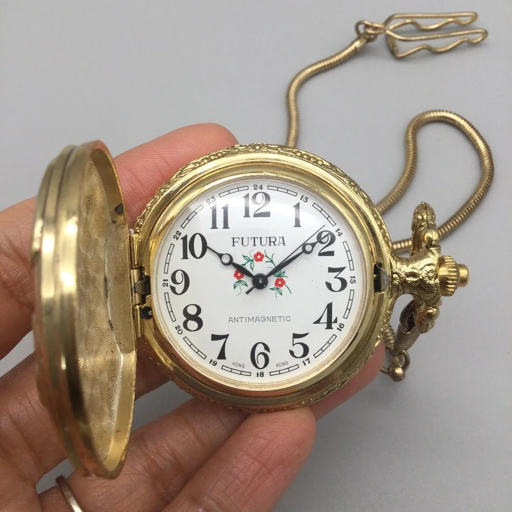Futura Pocket Watch Men 46mm Gold Tone Eagle Hunter Case Chain Antimagnetic